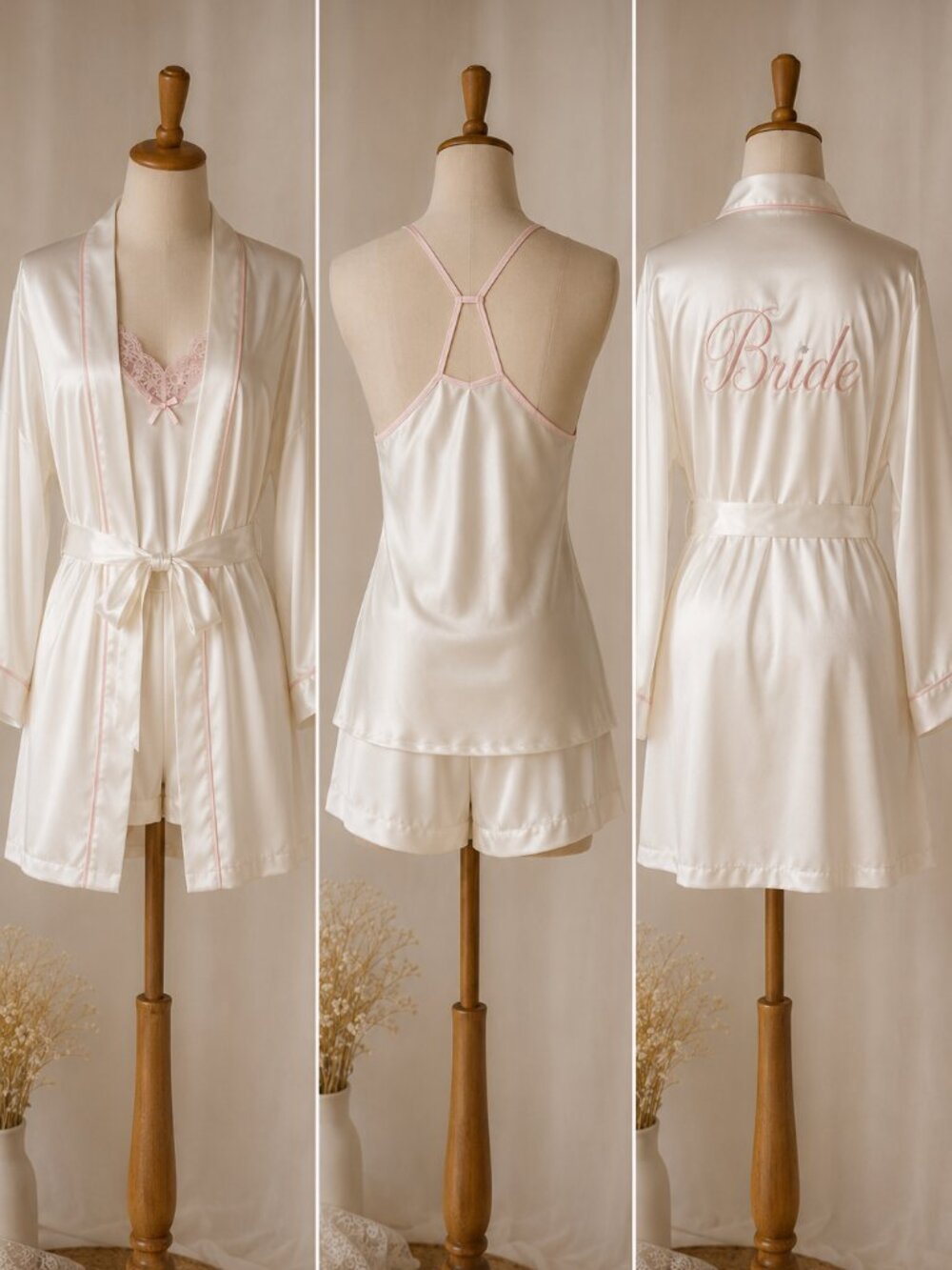 NWT Linea Donatella Bride Satin 3-Piece Robe Cami Shorts Set Ivory Pink S
